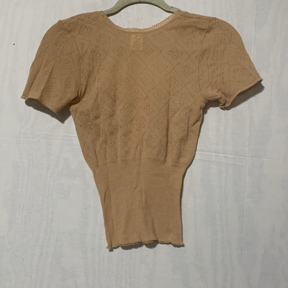 🌹FREE w/purchase Vintage wool Tan Knit Blouse sweater lace trim - Picture 5 of 7